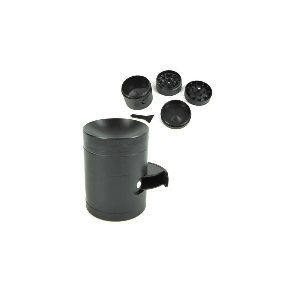 Schwarzer mattierter Metall-Herbgrinder 4-teilig mit Portionierer für Headshop